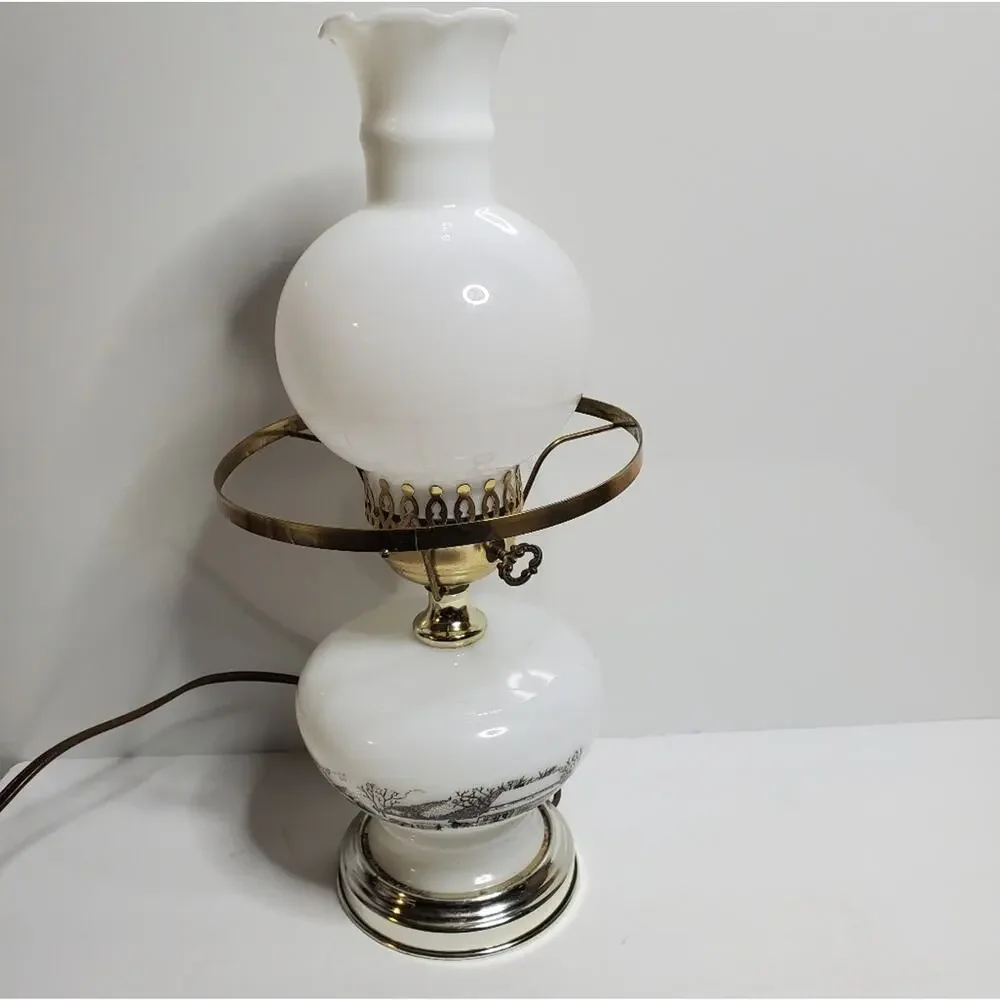 MILK GLASS LAMP by Currier and Ives, electrified and oil burning too, Farmhouse